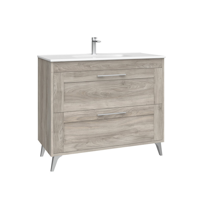 Rose C80F Free Standing Bathroom Vanity Unit in Matte White with Polished Chrome Handles, Grey Pine, 40"