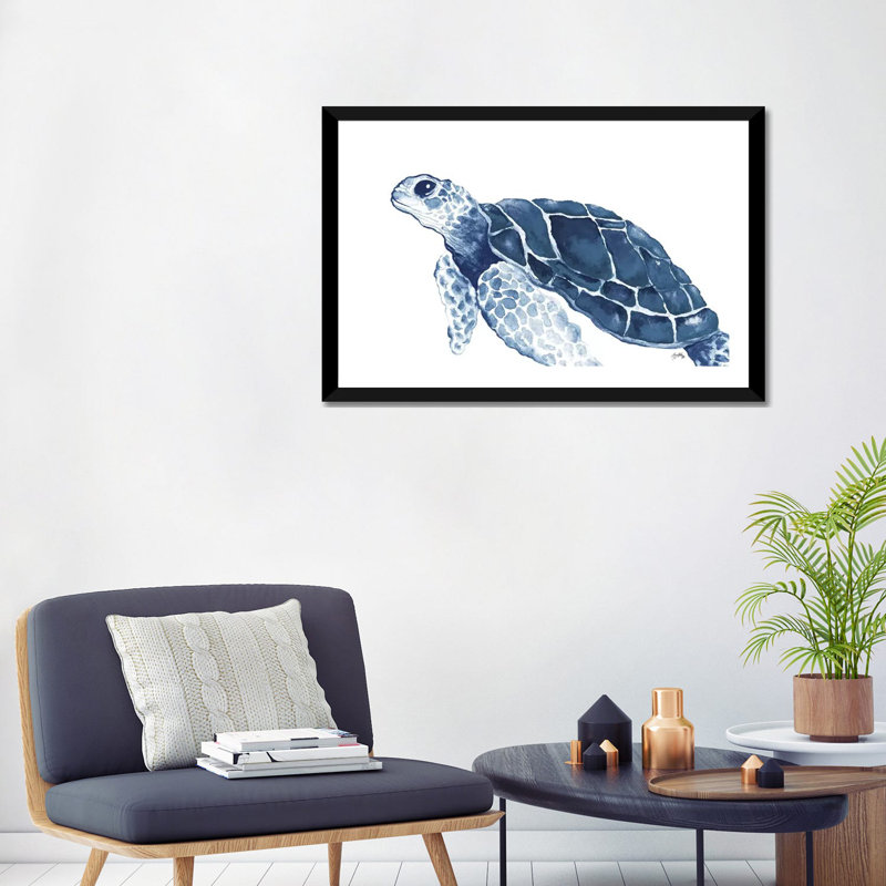 «Turtle in the Blues» par Elizabeth Medley - reproduction d'art, Blanc, H 24 po x l 32 po x P 1 po, Papier encadré noir