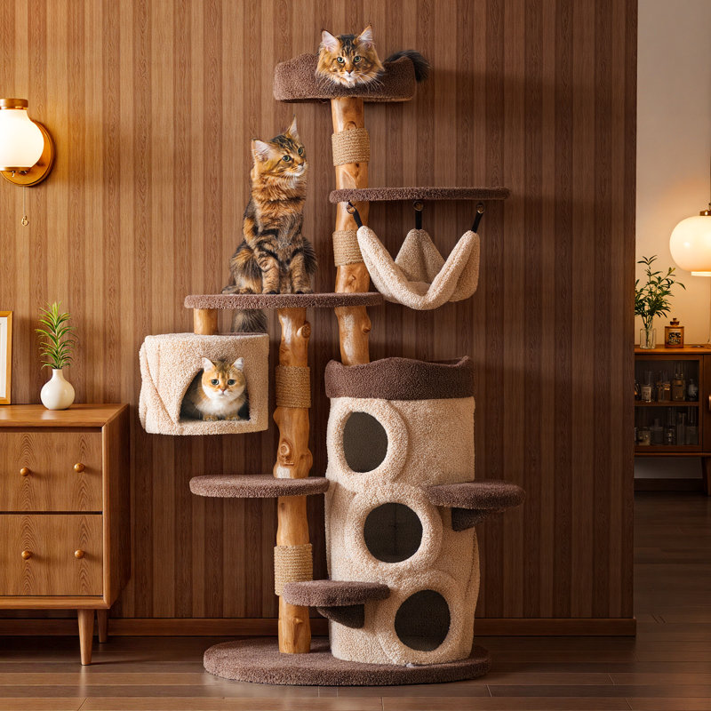 Artisan Mid-Century Modern Solid Wood Tree House Cat Tower with Triple Private Condos, 68" H