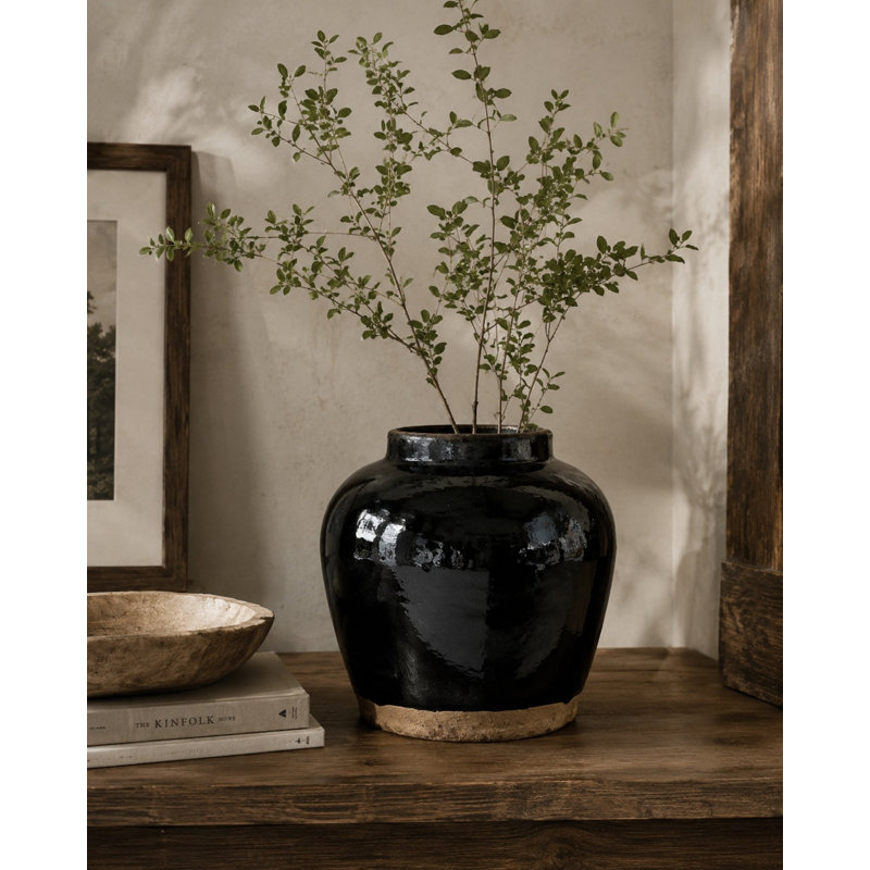 Vase de table noir intérieur / extérieur en porcelaine, H 12 po x l 10 po x P 10 po