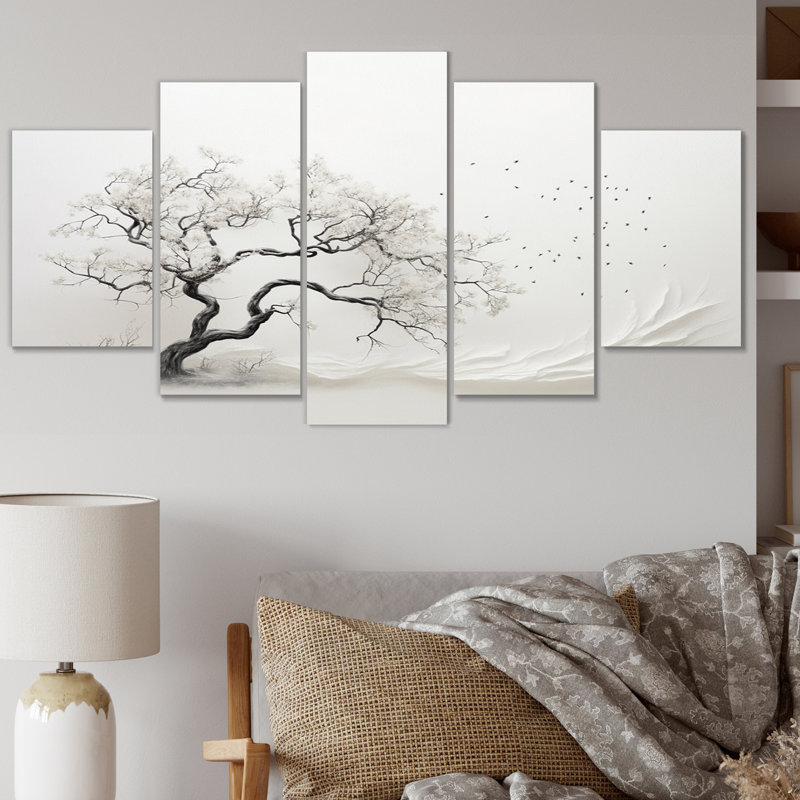 «Grey White Tree Subtle Serenade I», reproduction d'art sur toile florale - 5 panneaux