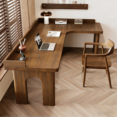 Nut-brown L-Shaped Solid Wood Desk