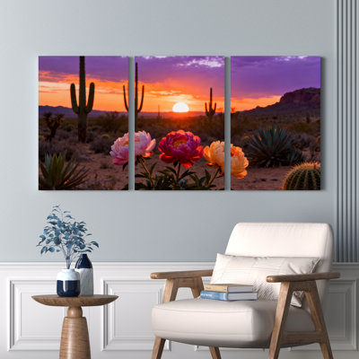 Désert coucher de soleil avec cactus et fleurs, reproduction d'art sur toile tendue sur toile, ensemble de 3
