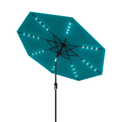 Solar LED Lighted Patio Umbrella 9FT – 32 Lights, 8 Ribs, Waterproof, UV Resistant, Tilt & Crank, Outdoor Market Umbrella for Pool, Deck, Backyard, Table – Gray/Navy Blue/Dark Green