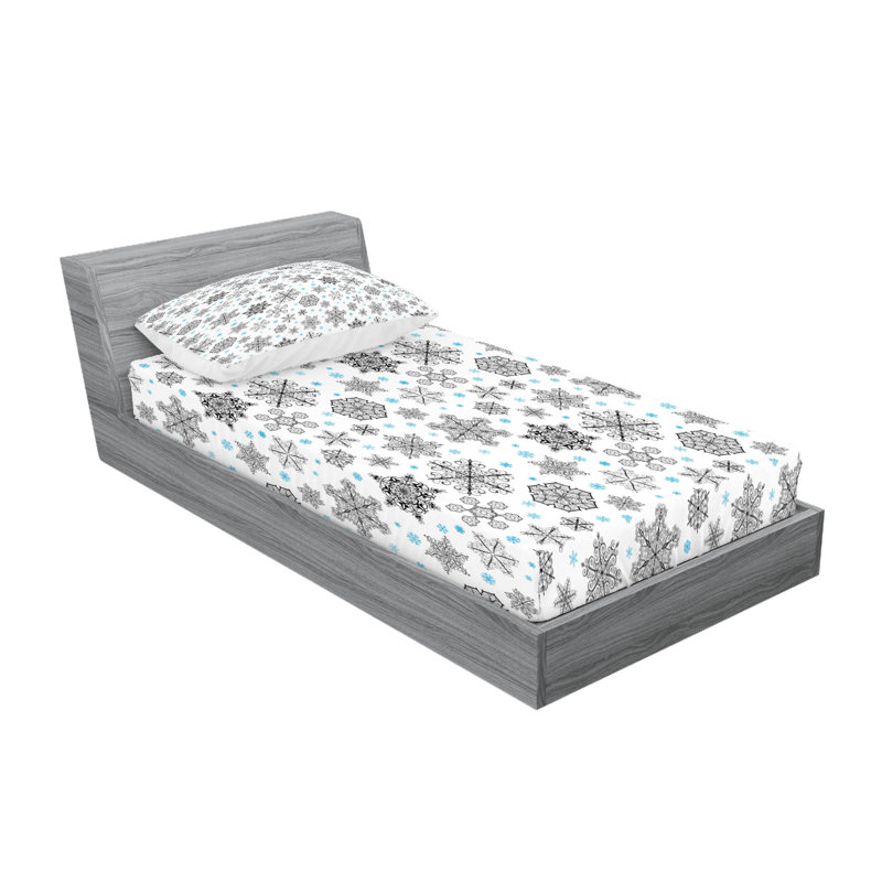 Ambesonne Snowflake Fitted Sheet & Pillow Sham, Blue Black White, Twin Fitted Sheet Set + 2 Pillow Cases