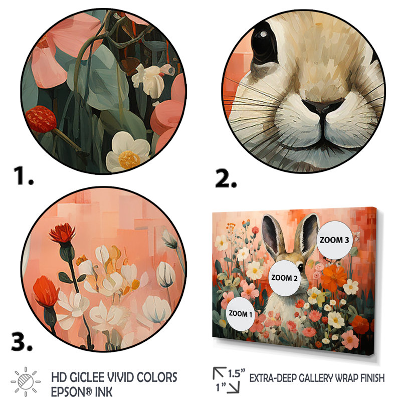 Art de mur de lapin rose, H 24 po x l 32 po x P 1 po, Cadre flottant doré