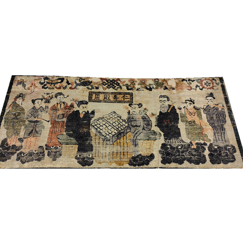 Small Pictorial Antique Worn Distressed Signed Silk Chinese Rug
