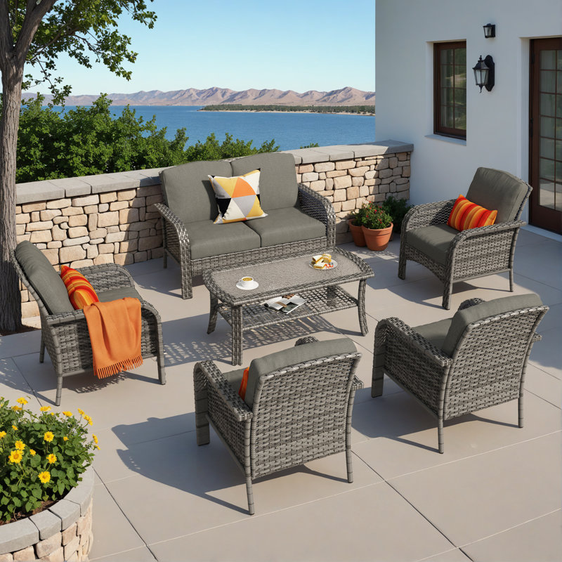 Isberga 6-piece Wicker Patio Furniture Set, All-weather Rattan Conversation Bistro Loveseat Chair And Table Set For Backyard, Balcony And Deck With Soft Cushions And Metal Table