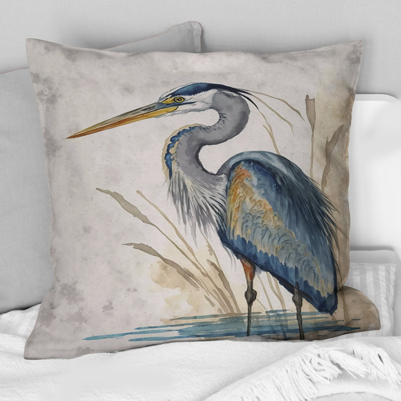 Heron By The Waterside Watercolour II - Animals Heron Printed Printed Pillow, 16"H x 16"W, Square
