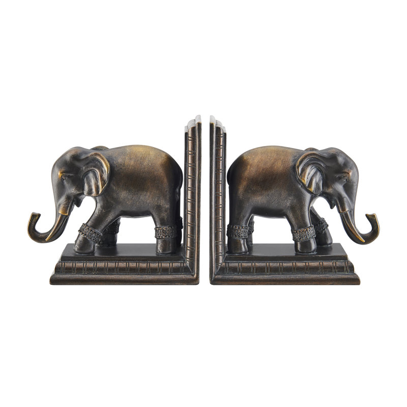 Bronze Patina Elephant Bookends Set with Ornate Design
