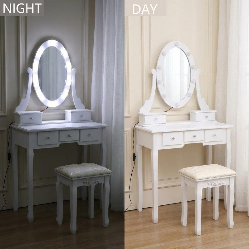 Modern Makeup Vanity, Vanity Set with Lighted Mirror and Cushioned Stool, Make Up Table with 5 Drawers for Women, Dressing Table for Bedroom, Bathroom