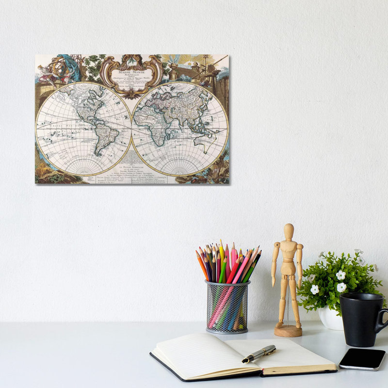 Antique Double Hemisphere Map Of The World - Wrapped Canvas Painting, 20.32 cm H x 30.48 cm W