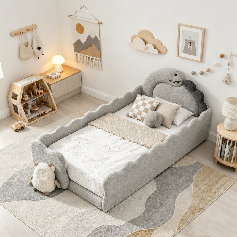Lit simple pour enfant en forme de dinosaure avec barrières de sécurité, Twin, Grey