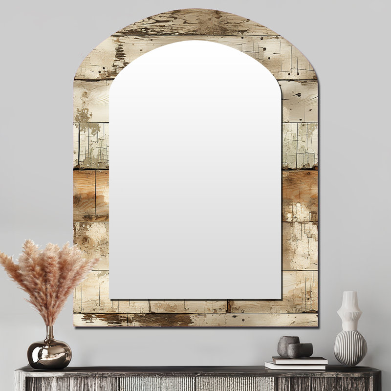 Rustic Farmhouse Weathered Planks - Grand miroir mural arqué sur métal, 43 po x 33 po