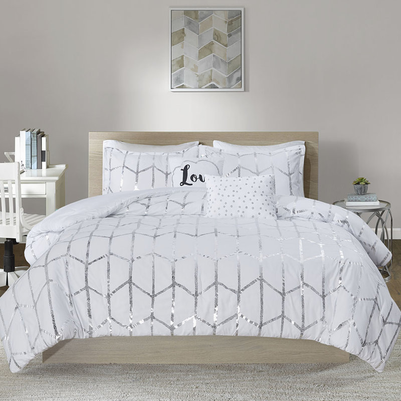 Édredon double / grand - Argent métallique géométrique sur fond blanc, rembourrage, 2 taies décoratives, coussins décoratifs, courtepointe confortable et à la mode en microfibre douce, lavable à la machine