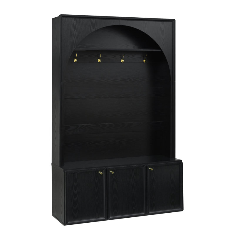 ON-TREND Farmhouse All-In-One Hall Tree With Adjustable Shelves, Retro Arched Entryway Storage Bench With 3 Cabinets, Wooden Coat Rack Organizer With 4 Golden Hooks For Mudroom, Hallway