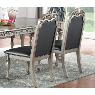 2 Piece Grey/Silver Formal Dining Chairs, Rubberwood, Intricate Upholstered Seat, Back For Elegant Party Chairs Of 2, Rubberwood Construction, Room