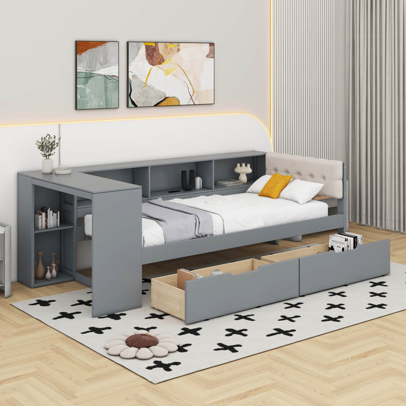 Lit plateforme avec tablettes de rangement, tiroirs, station de charge et tête de lit tapissier, gris, Simple