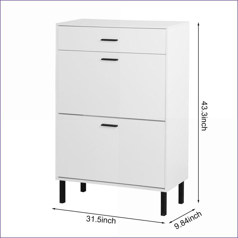 Range-chaussures, organisateur autoportant moderne avec 2 tiroirs rabattables Pieds en métal, l 31,5 po x P 9,84 po x H 43,3 po | Blanc cassé | Hall d'entrée