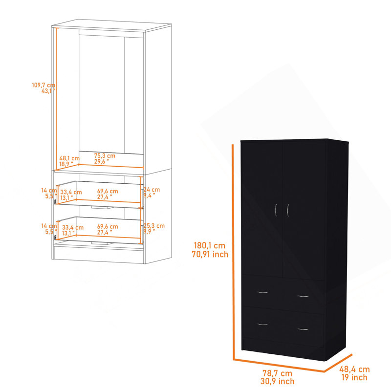 Armoire-penderie Wenden avec 2 tiroirs, 2 portes, beaucoup de rangement et une tringle, Noir