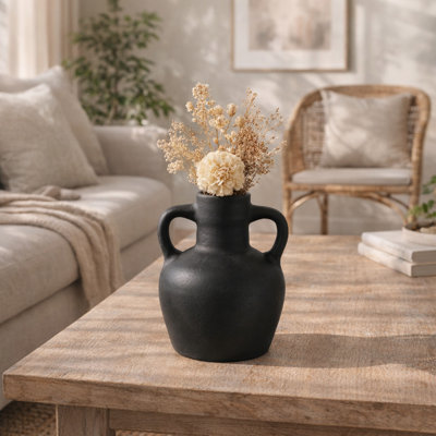Decorative Terracotta Boho Bud Vase for Home Decor - Textured Flower Vase with Handles for Side Table Accent or Shelf Accent