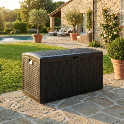 Grande boîte de rangement en résine imperméable de 73 gallons, boîte de rangement extérieure avec couvercle verrouillable et conception résistante aux intempéries, très grand contenant de patio pour outils de jardin, jouets de piscine, coussins de meubles