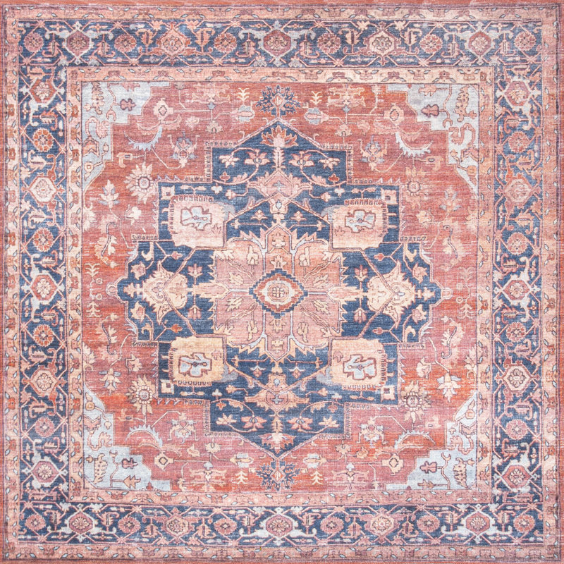 Ville Ornate Medallion Machine-Washable Terracotta/Navy Rug, Square 5'3"