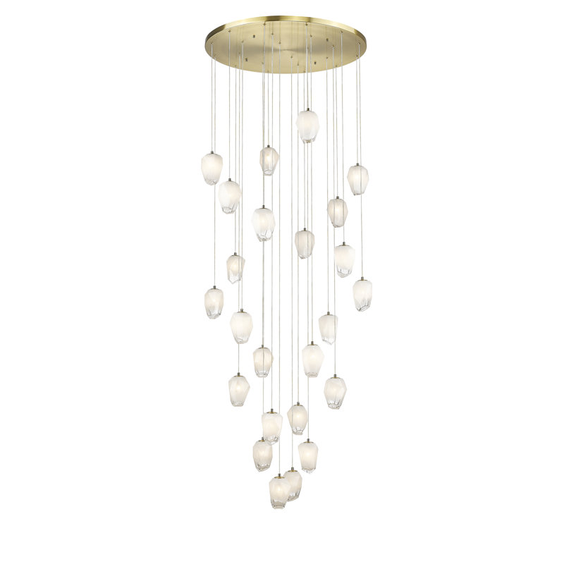 24-Light Gold Chandelier With White Glass Pendants, Gold
