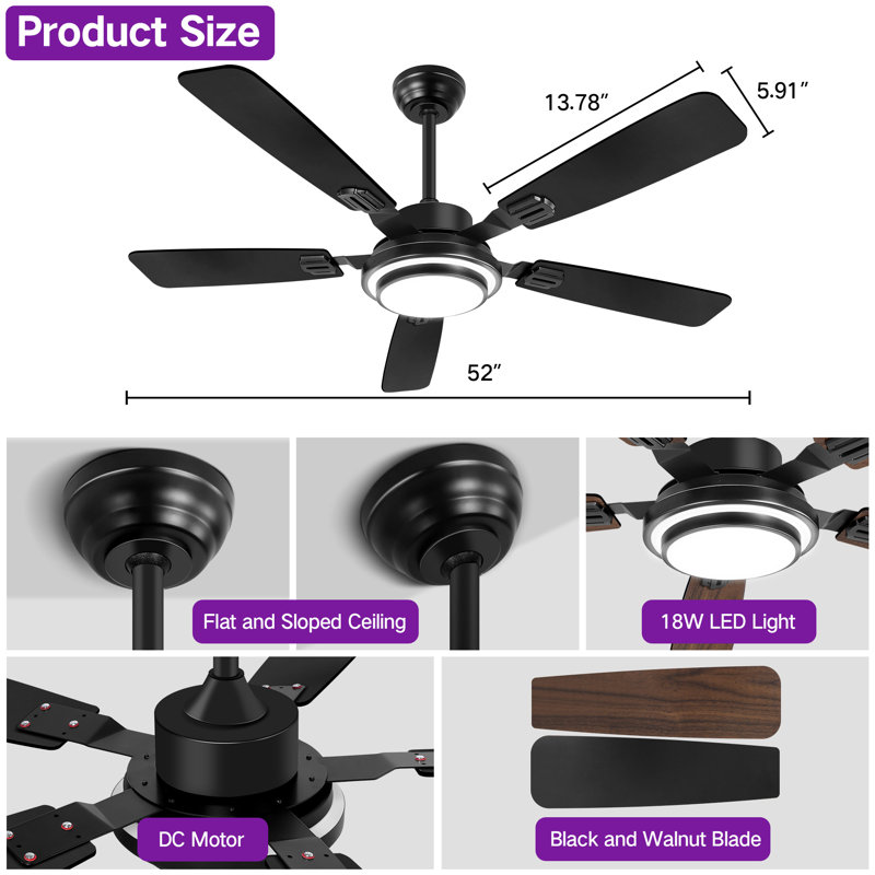 52" RGB Ceiling Fan With Led Light and Remote/APP Control, Black