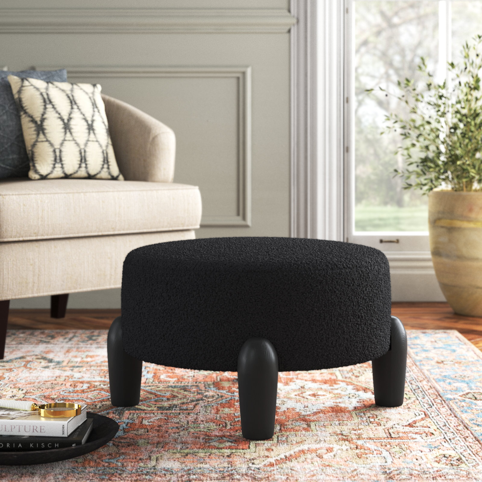 Geddes 30" Ottoman, Black Sherpa, Black