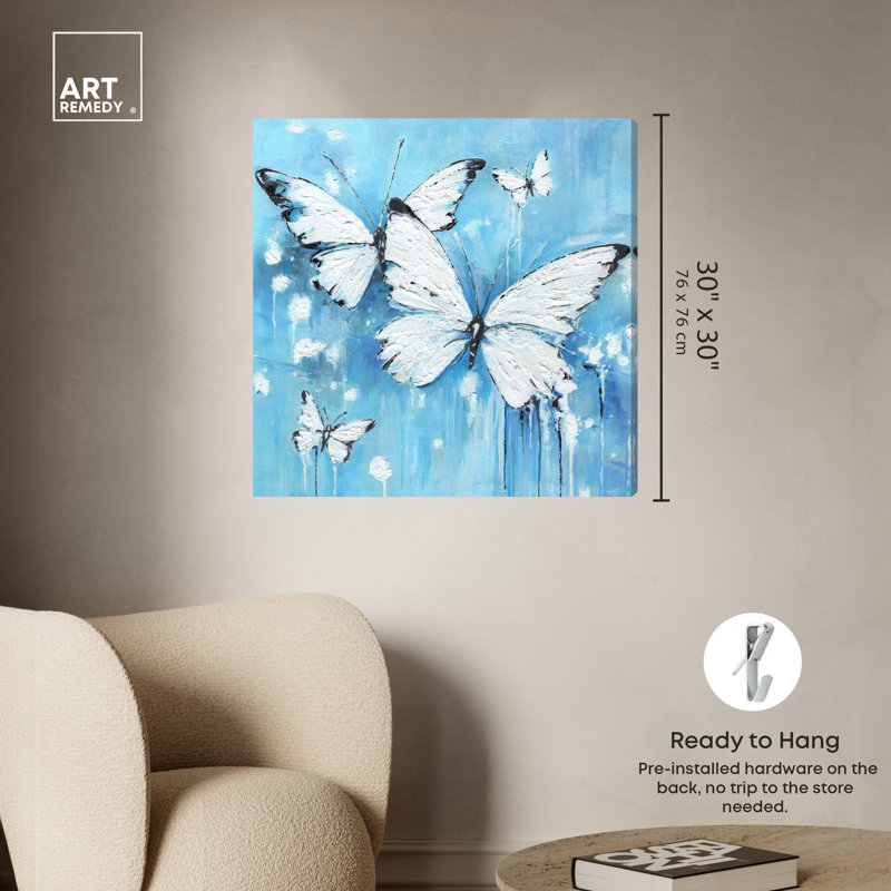 Textured Blue and White Butterflies Wrapped Canvas Wall Art, 30" x 30"