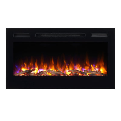 Puraflame Alice 36" Recessed Electric Fireplace, Flush Mounted for 2 X 6 Stud, Log Set & Crystal, 1500W Heater, Black