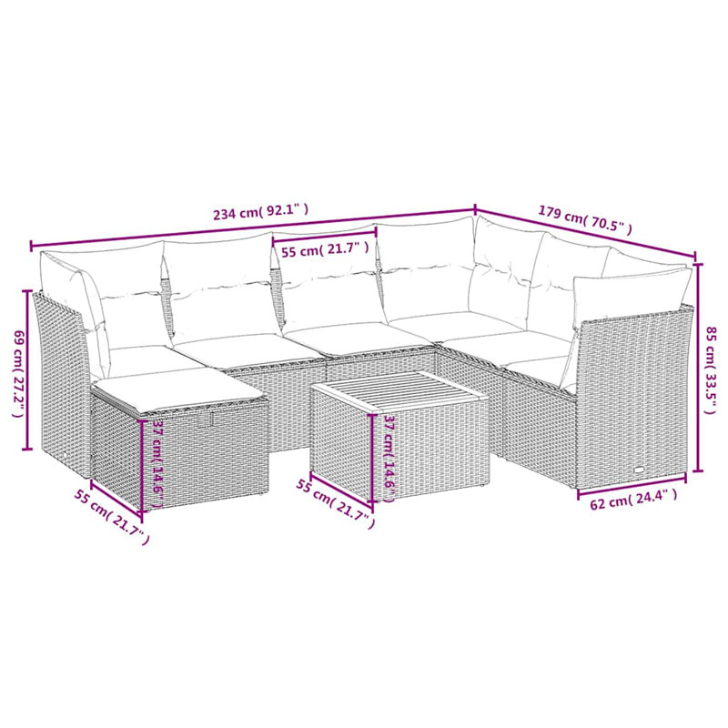 Ensemble de 8 canapés de patio avec coussins en rotin gris pour l'extérieur, Marine, Gris