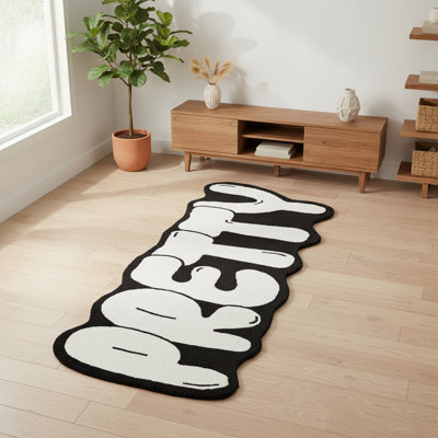 4' x 6' Machine Washable 100% Cotton PRETTY Retro Graffiti Shape Black and White Tufted Area Rug