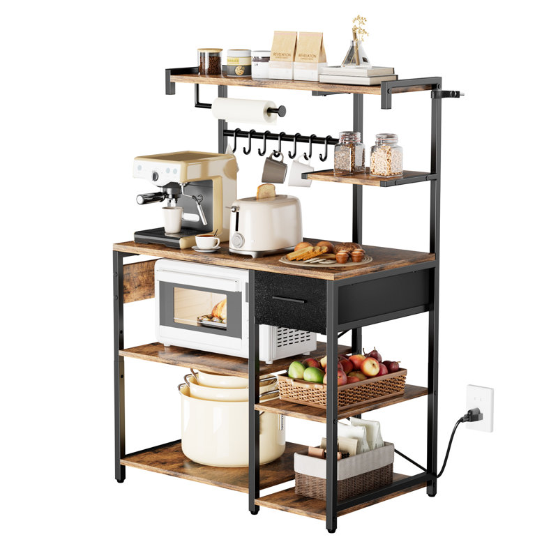Étagère de boulanger de cuisine, étagère de boulanger avec câble d'alimentation de 4,6 pi avec prise de courant, support de cuisine avec barre de support en forme de X, 8 crochets en forme de S, support de bar à café pour vaisselle, bouteilles à ?