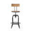 Tabouret de bar pivotant à hauteur réglable avec structure en bois de sapin et en fer industriel, parfait pour les bars et les cuisines modernes.