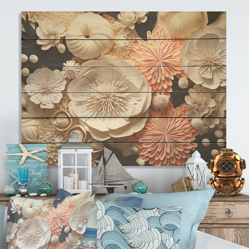 Collage abstrait de fleurs de corail - corail côtier sous l'eau, art mural sur bois de pin naturel, H 24 po x l 32 po