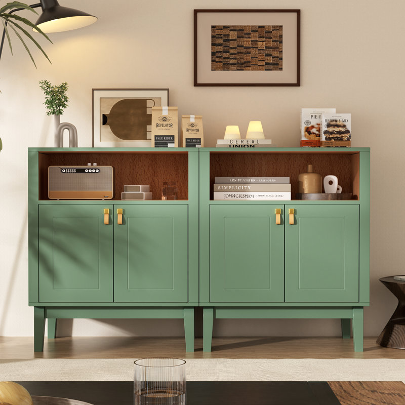 Cortize Sage Green 2-Door Accent Chest with Open Wood-Grain Shelf, Brass-Colored Hardware & Genuine Leather Loop Pulls, Green