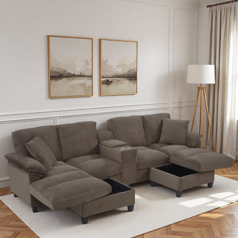 Canapé modulaire moderne en forme de U avec porte-gobelets, ports USB et repose-pieds avec rangement, Velours côtelé brun