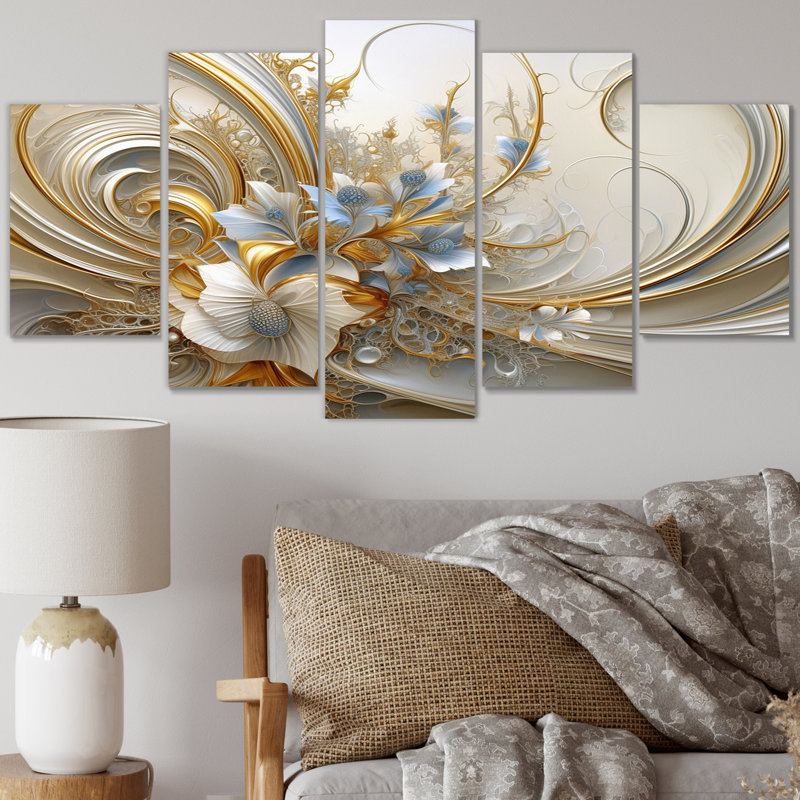 Spirale florale tourbillonnante Tender Light Blue I - Abstract Spirals Wall Art Living Room - 5 Panels