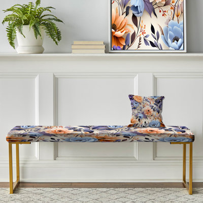 Delicate Flower Symphony - Floral Upholstered Gold Bench