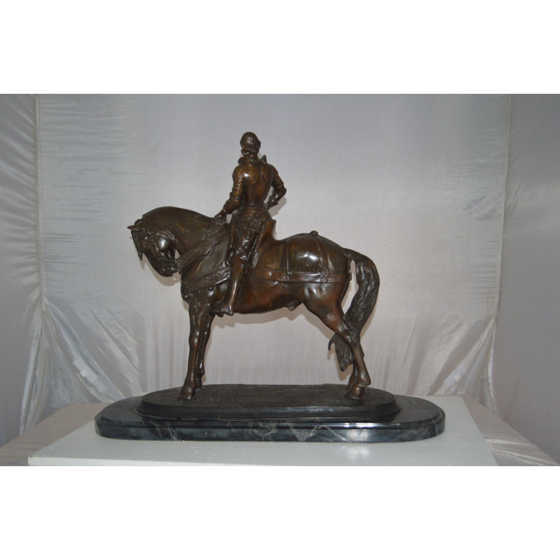 Bronze Man on Horse Statue with Marble Base