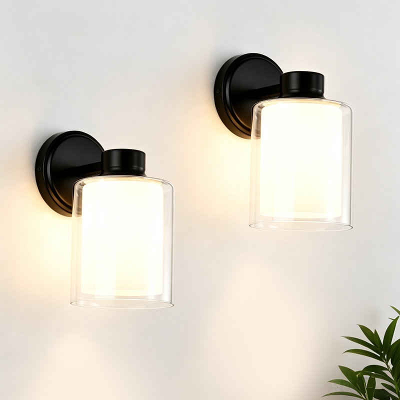 Applique murale d'intérieur noir mat avec double abat-jour en verre transparent et blanc, ensemble de 2, Noir mat, 2 lumières