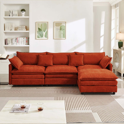 105" Dark Orange Soft Chenille 3-Seater Modular Sectional Sofa With Ottoman, L-Shape Couch For Living Room
