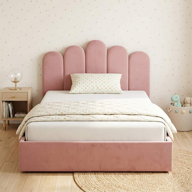 Lit plateforme tapissier Petal Palm, Double, Rose