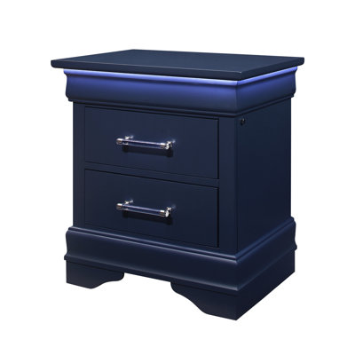 Table de chevet bleue avec rangement spacieux, bois massif dans les tiroirs, style transitionnel