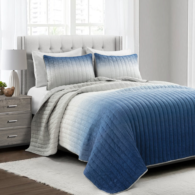 Crinkle Ombre Microfiber Quilt Set, Navy/Gray, King