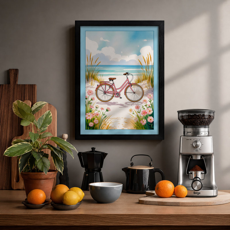 Bicycle by the Seaside Coastal - Framed Print, A2 - 59.4 x 42.0 cm, Black