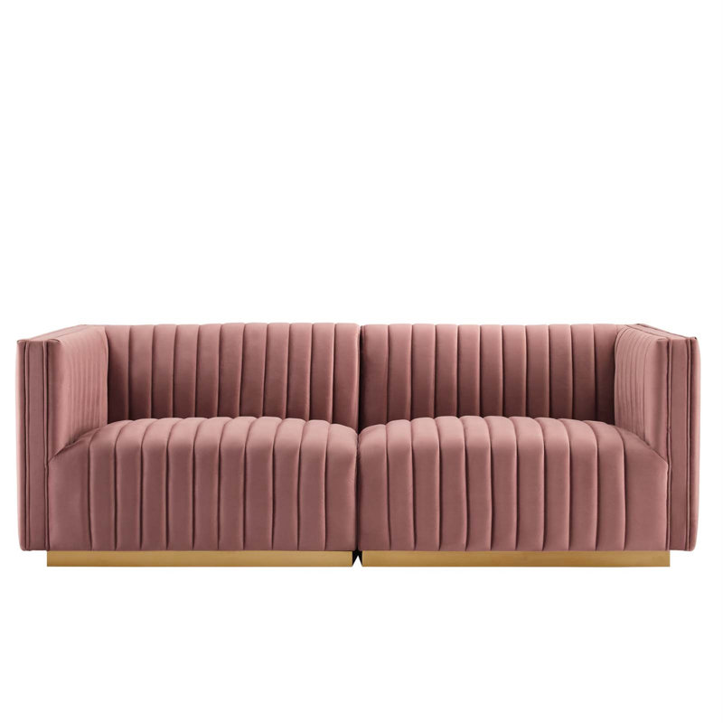 Conjure Channel Tufted Loveseat, Gold, Pink Velvet