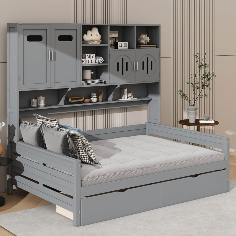 Wooden Daybed With Double Drawers And Shelving Unit, Gray, Full / Double